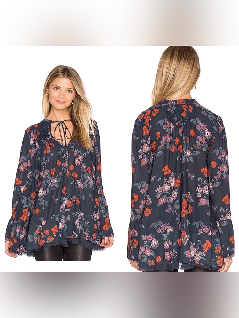 Free People So Fine Pebble Crepe Smocked Tunic Top Size Small